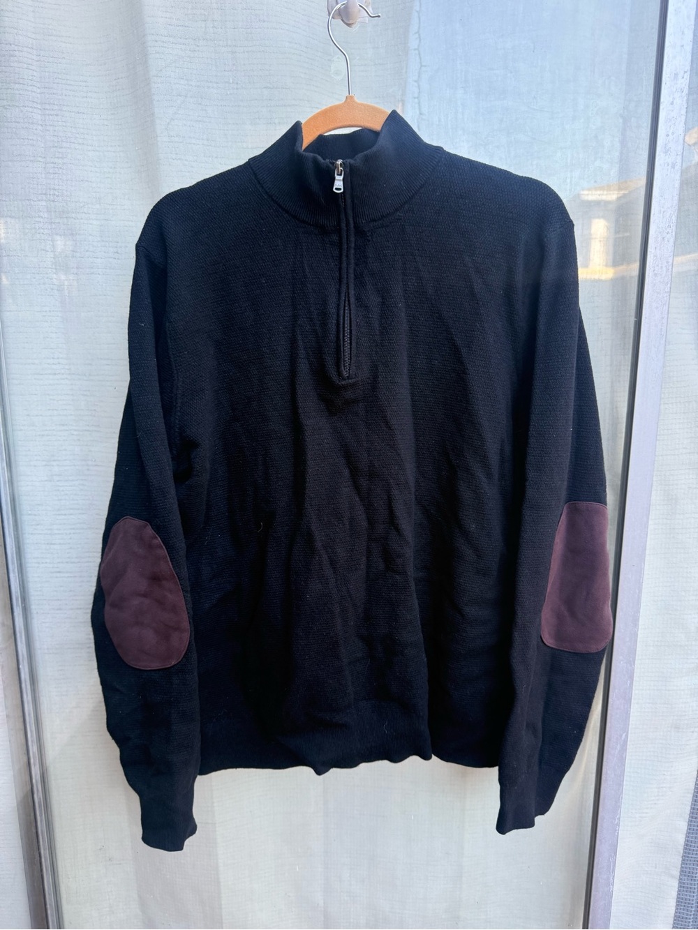 Michael Kors Black Half-Zip Sweater with prune Elbow Patches